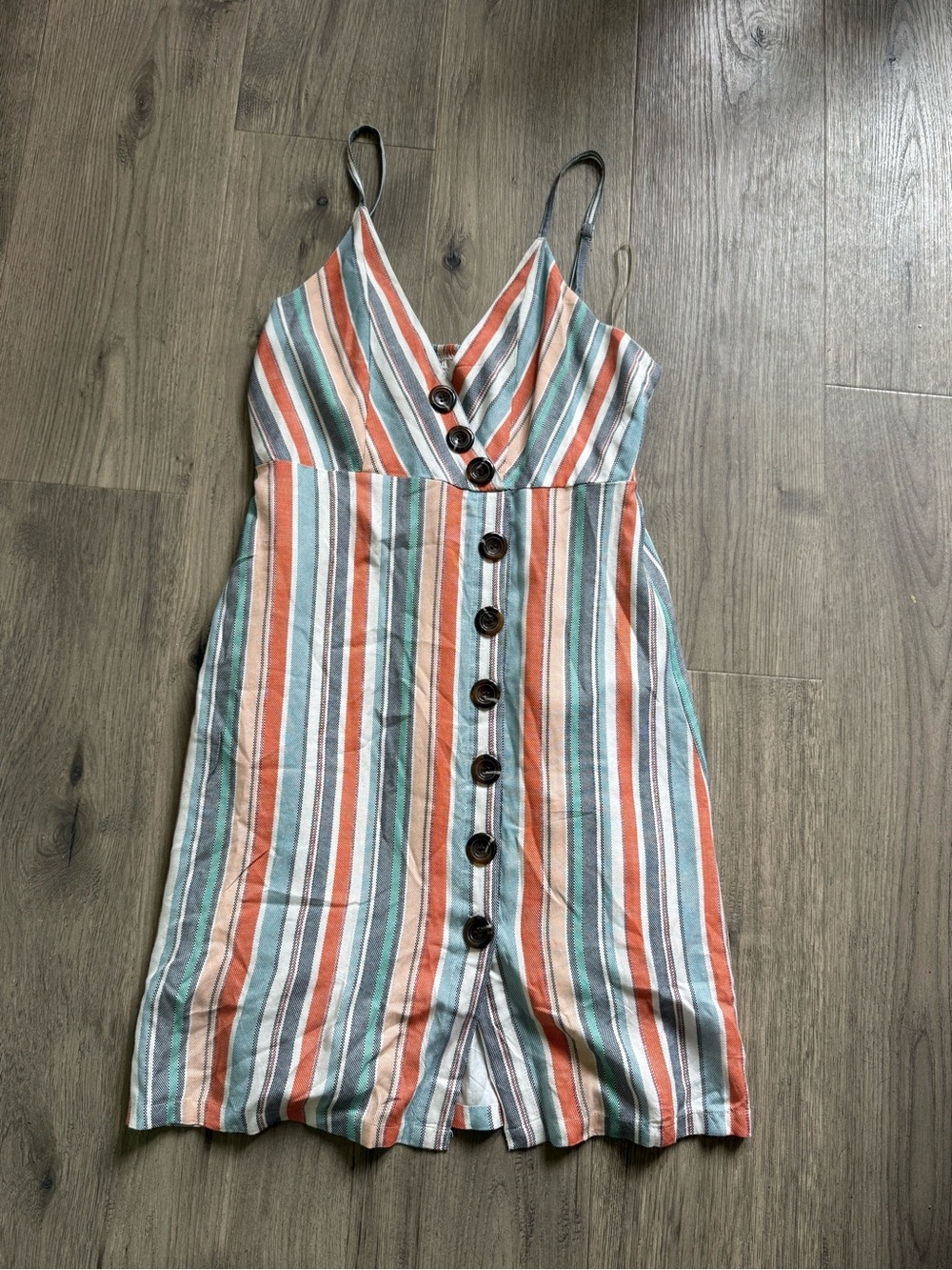 Daytrip Coral, Teal & White Striped Button-Front Mini Dress